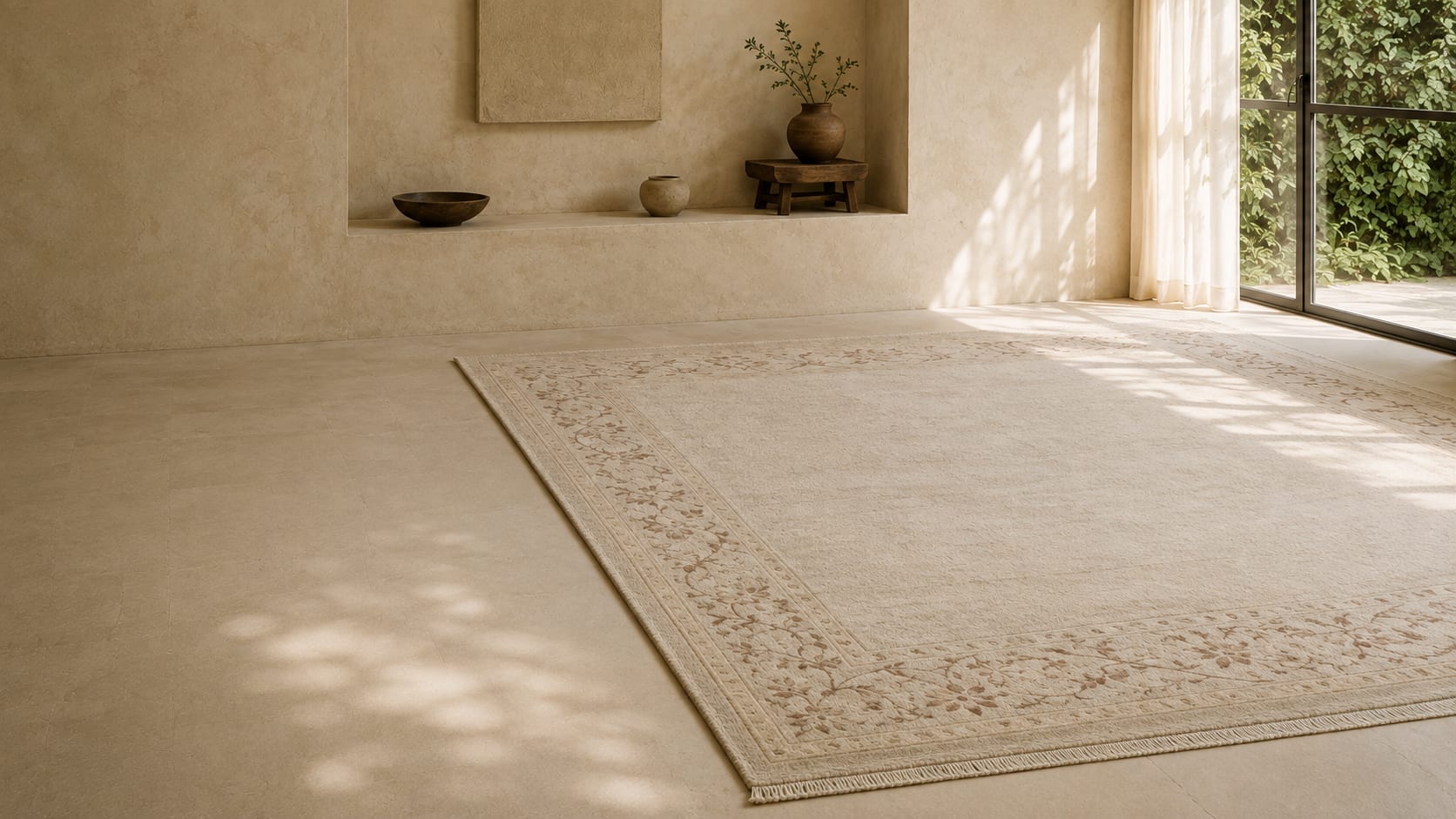 A hand-knotted ivory rug with a fine botanical border in a sunlit room with warm plaster walls