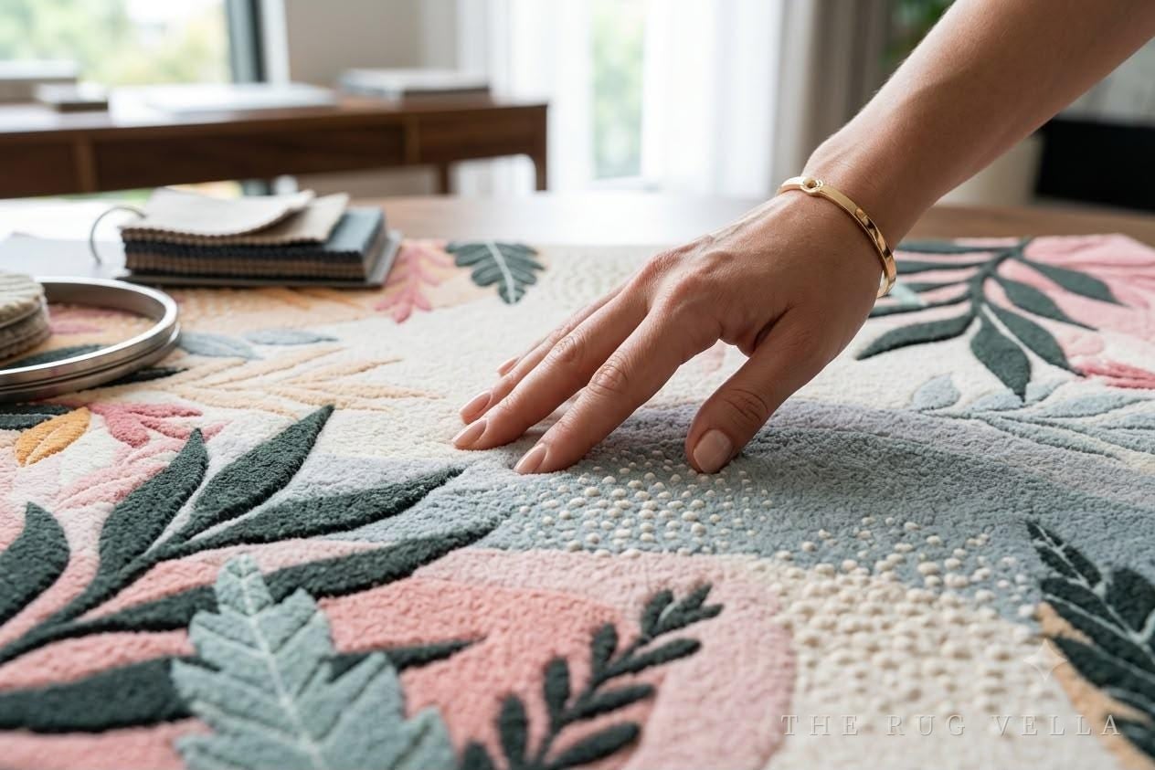 A hand resting on the carved pile of a hand-tufted botanical rug, feeling the raised leaves