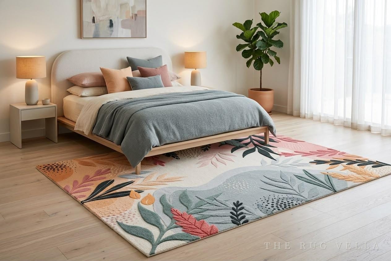 The Gulmohar rug beneath a light oak bed in a soft-toned bedroom
