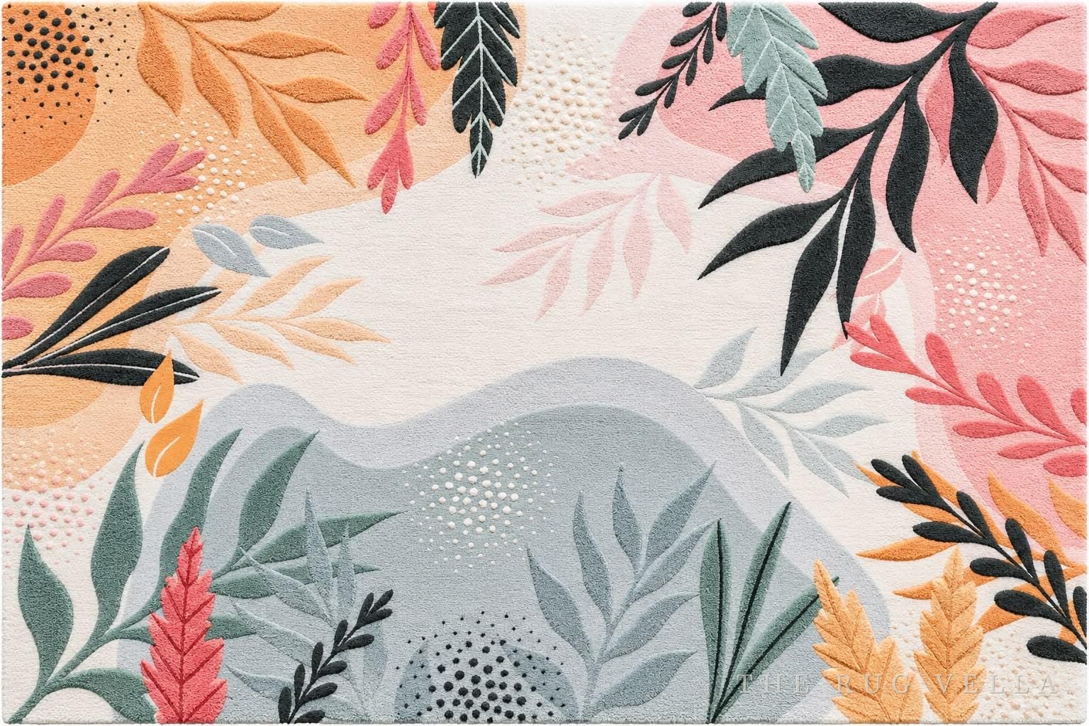 Full flat view of the Gulmohar rug, carved pastel botanical fronds on an ivory ground