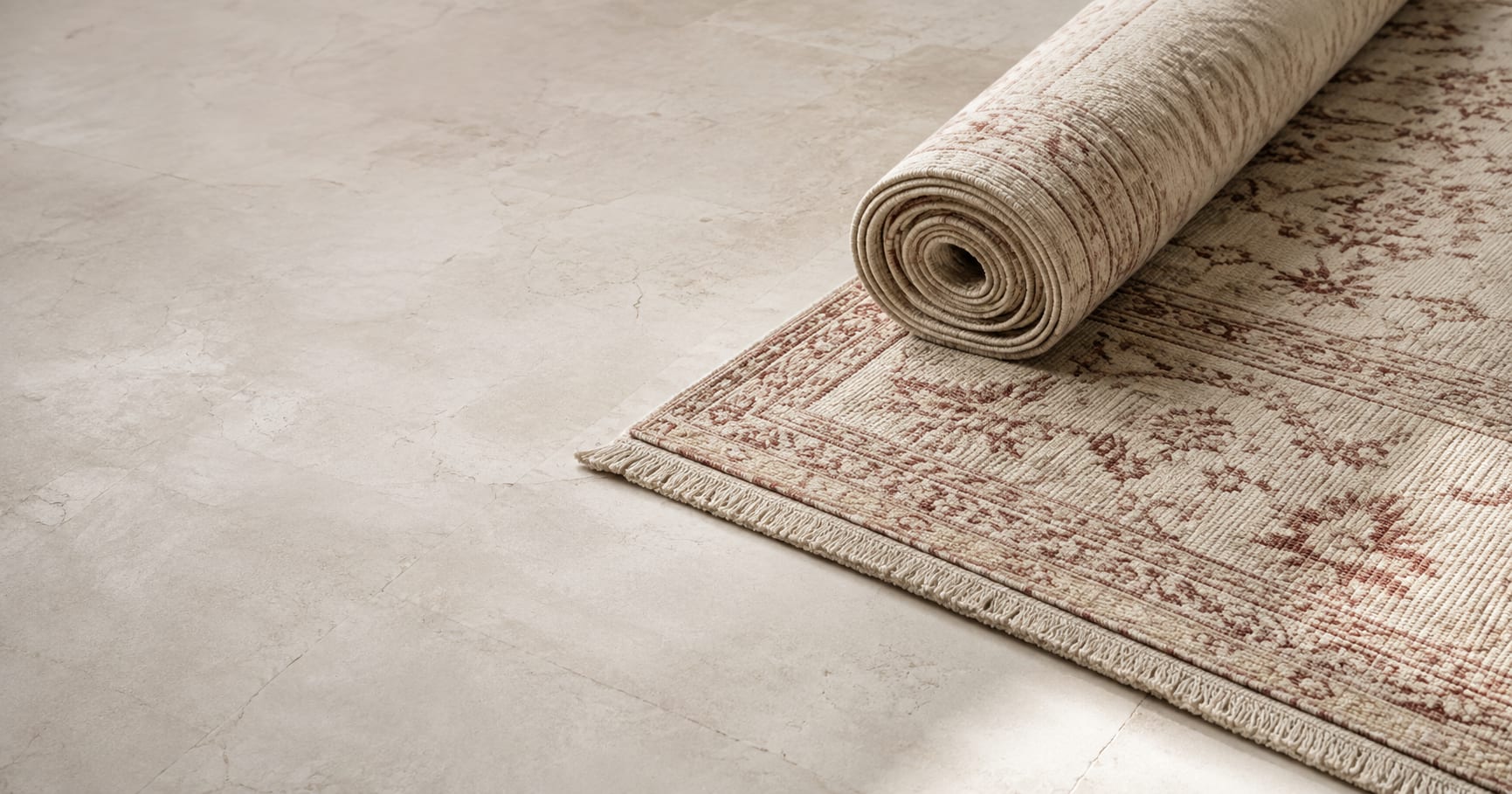 The Sangam rug half rolled on a stone floor, showing its madder border and fringe
